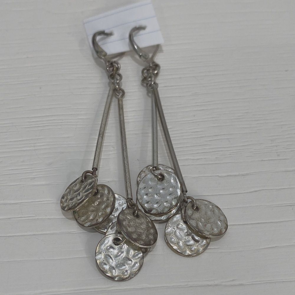 Silver Tone Drop Dangle Hammered Round Disk Earri… - image 4